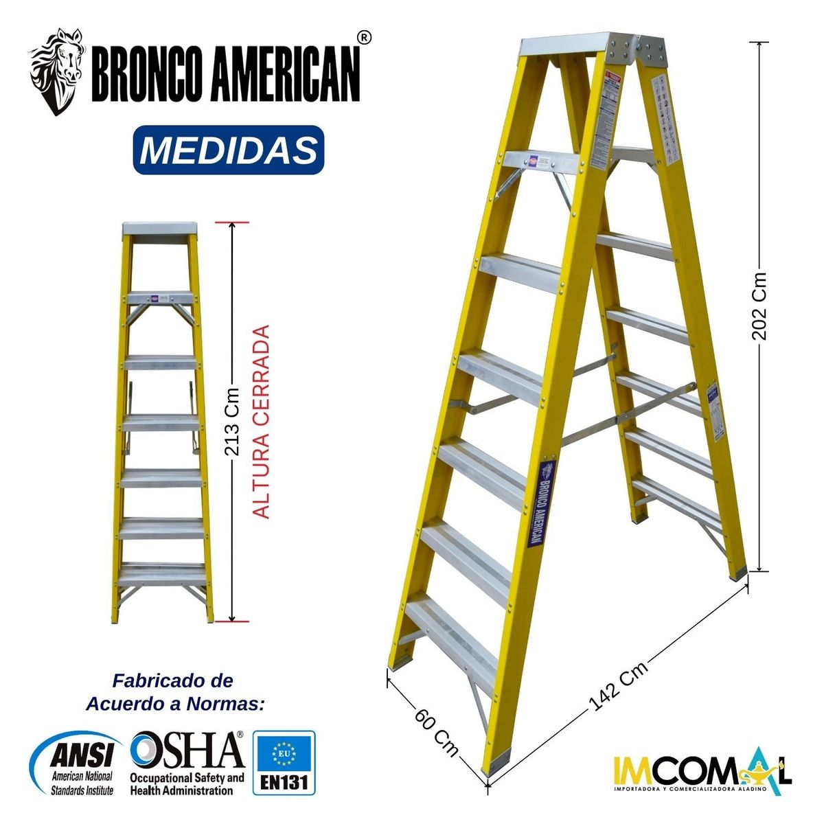 BRONCO AMERICAN - Escalera Fibra de Vidrio Tijera Doble Ascenso de 7 Pasos.