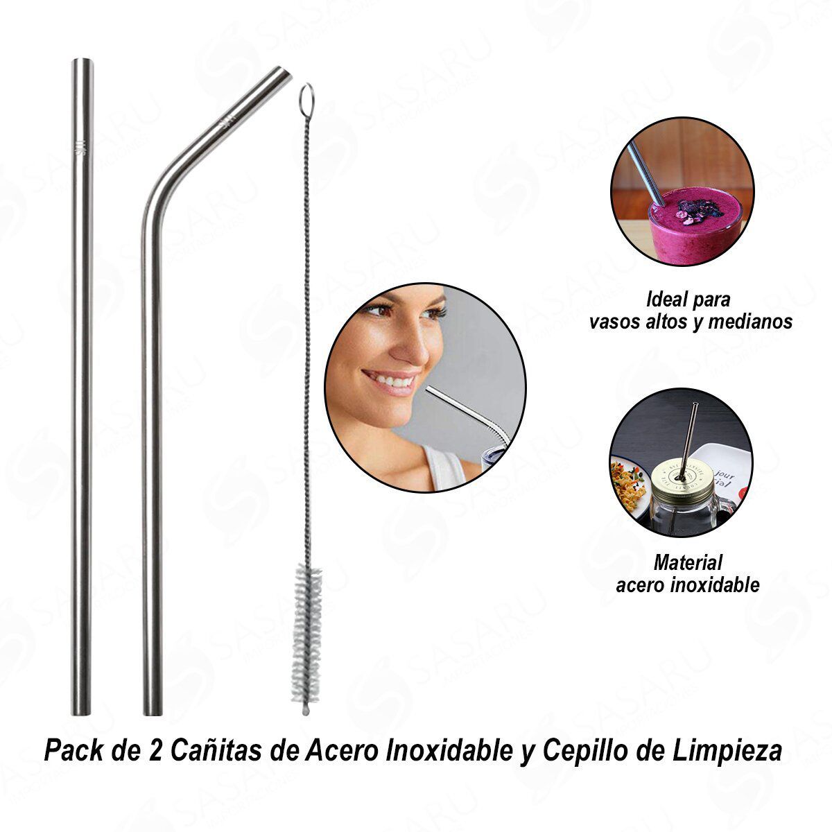 SASARU - Pack de 2 Cañitas y Cepillo de limpieza tipo Acero Inoxidable