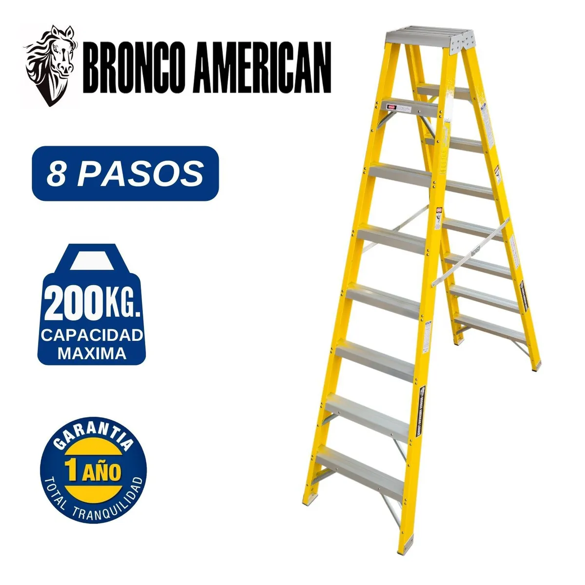 BRONCO AMERICAN - Escalera Fibra de Vidrio Tijera Doble Ascenso de 8 Pasos.