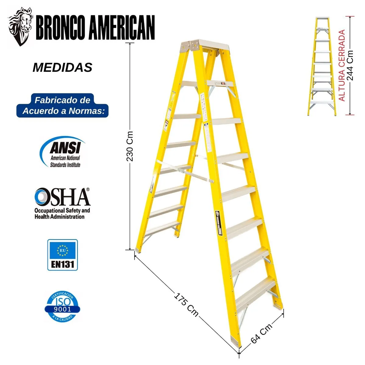 BRONCO AMERICAN - Escalera Fibra de Vidrio Tijera Doble Ascenso de 8 Pasos.