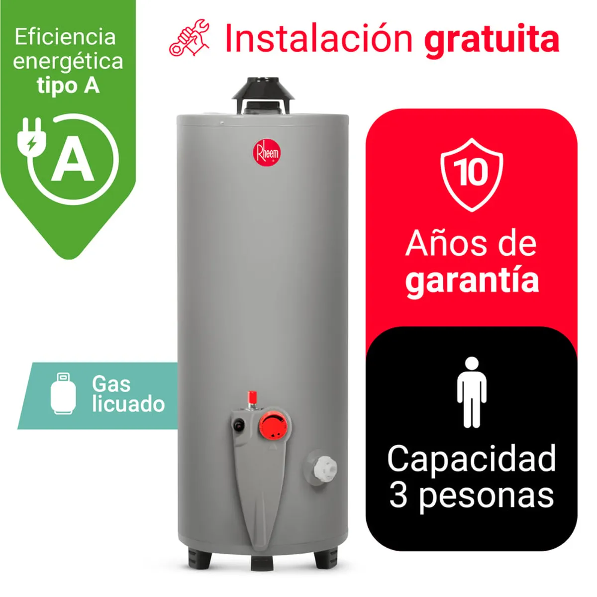 RHEEM - TERMOTANQUE A GAS 76L RHEEM GAS LICUADO GLP - GAS DE BALÓN