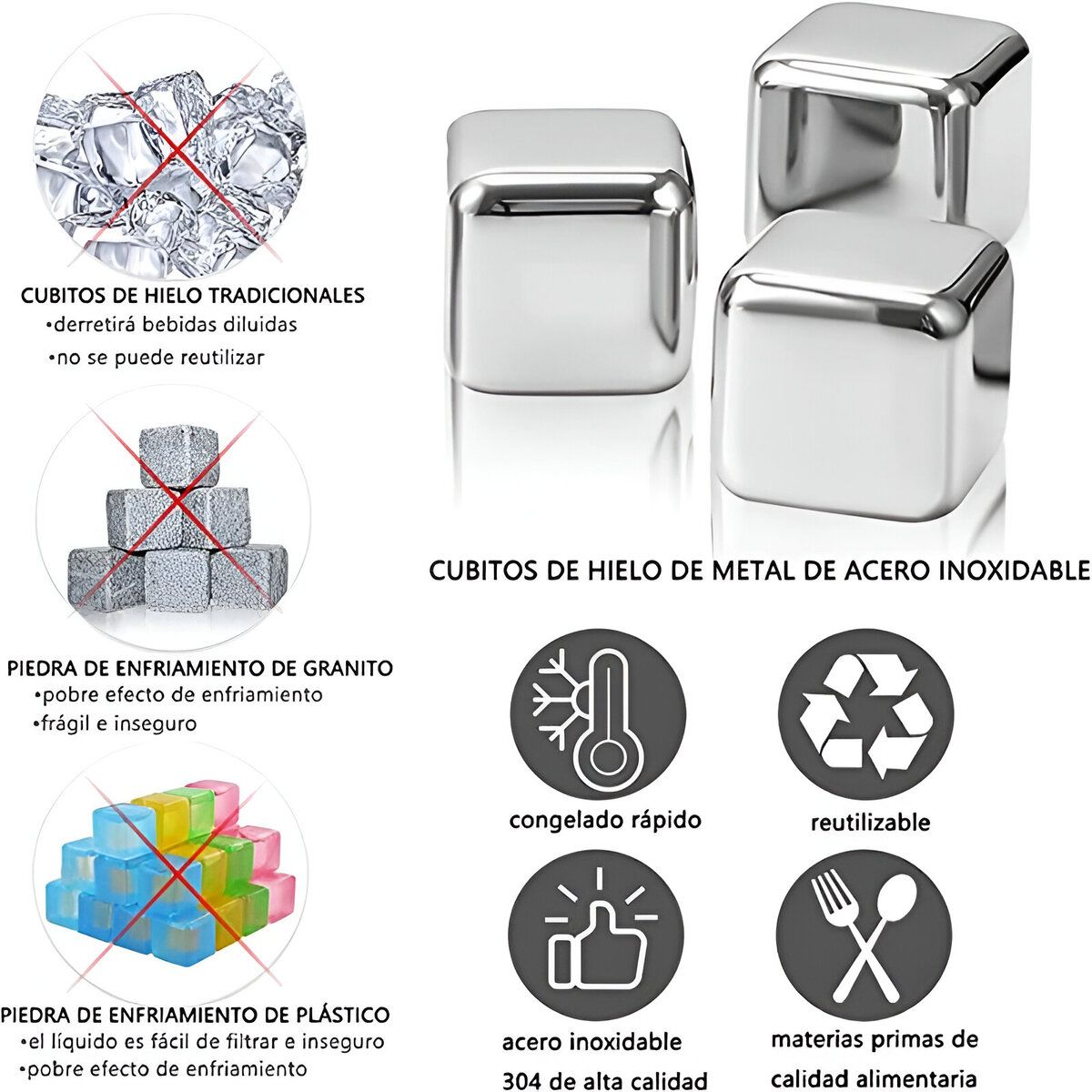 ELMEJORPRECIO - Set De 6 Cubos De Acero Inoxidable Congela Sin Diluir Tu Bebida