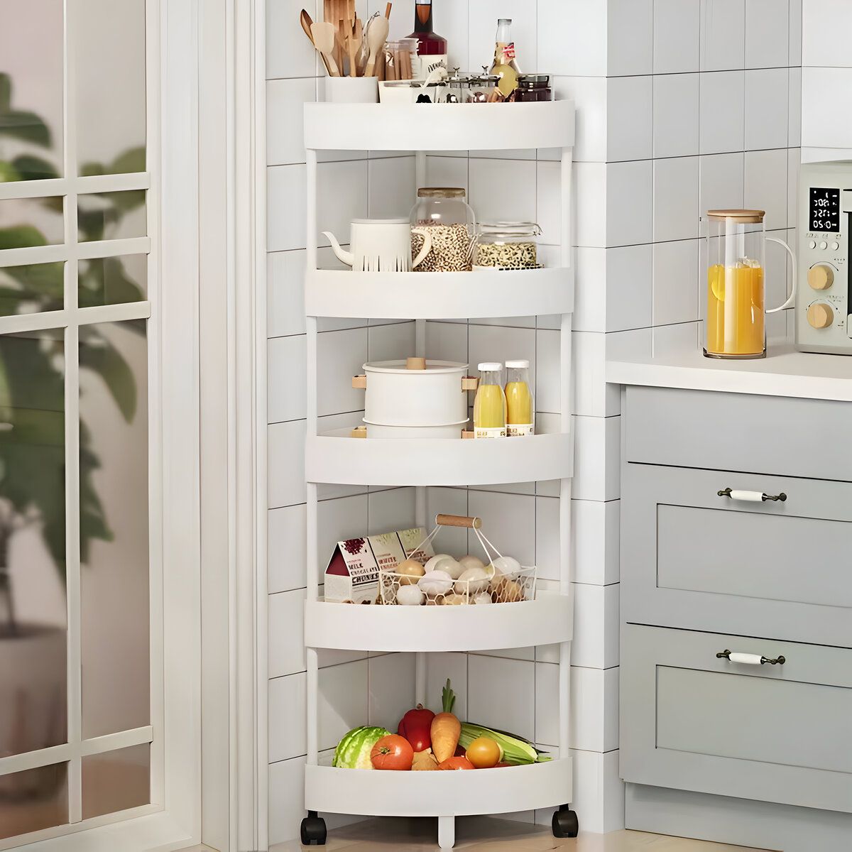 ELMEJORPRECIO - Organizador Esquinero Con Ruedas de 5 Niveles para Cocina, Baño Blanco