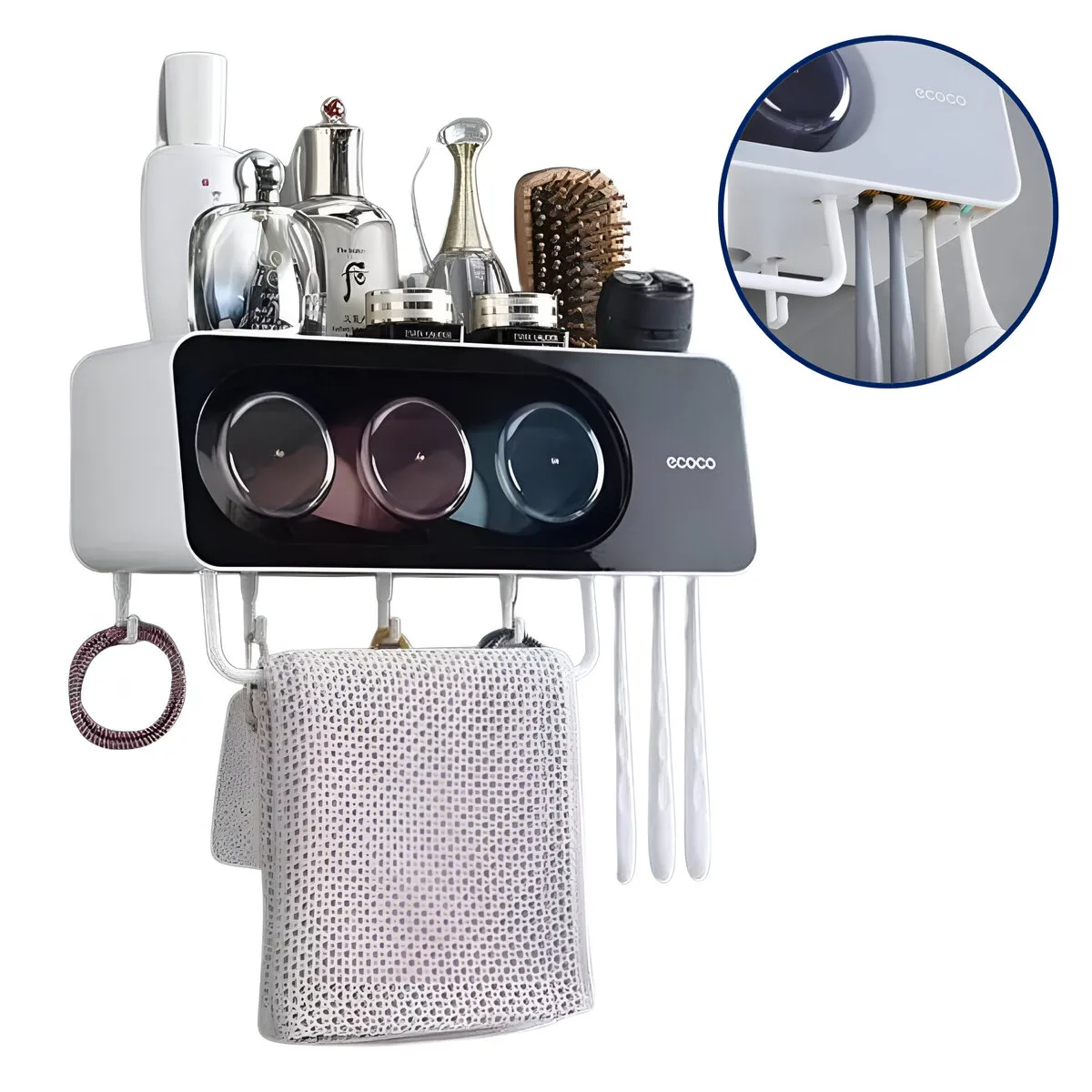 ELMEJORPRECIO - Organizador De Baño Con 3 Vasos Portacepillos y Colgador ECOCO Negro