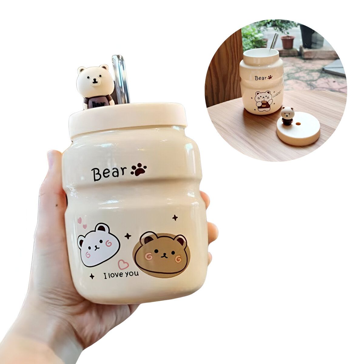 ELMEJORPRECIO - Vaso Tomatodo De Ceramica De 500ml Con tapa Y Sorbete Kawai Bear 2