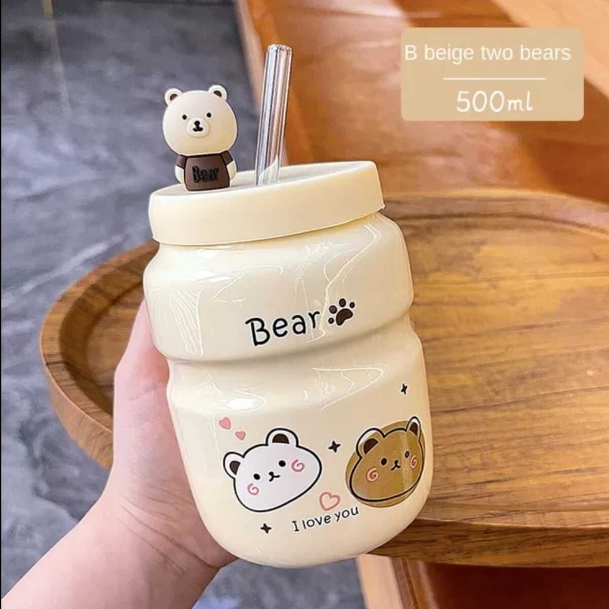 ELMEJORPRECIO - Vaso Tomatodo De Ceramica De 500ml Con tapa Y Sorbete Kawai Bear 2