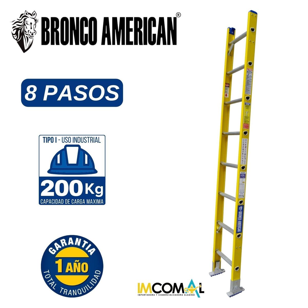 BRONCO AMERICAN - Escalera Fibra de Vidrio Tipo Arrimo de 08 Pasos.