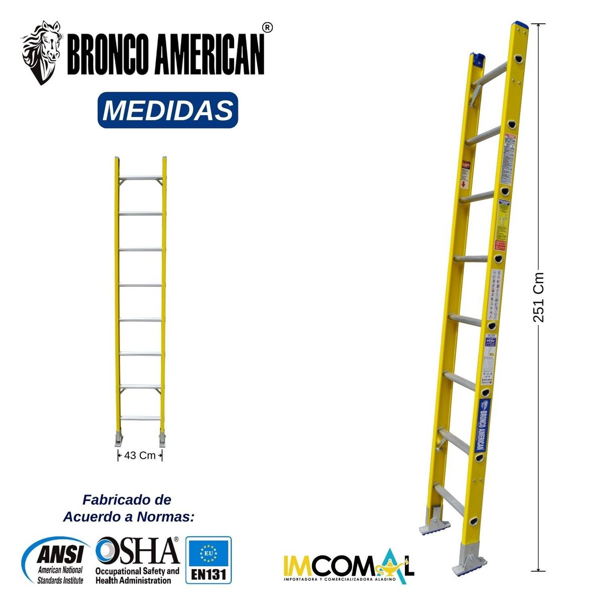 BRONCO AMERICAN - Escalera Fibra de Vidrio Tipo Arrimo de 08 Pasos.