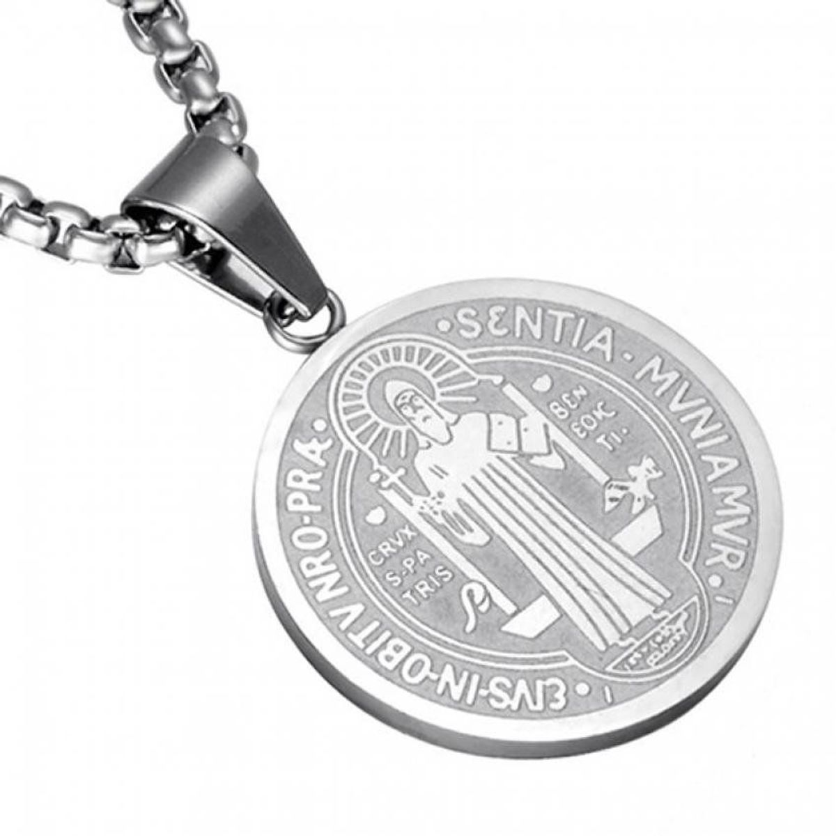GENERICO - Collar medalla colgante de San Benito de acero inoxidable plateado