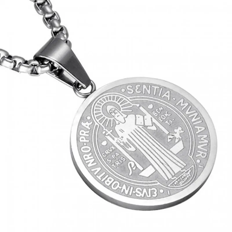 GENERICO - Collar medalla colgante de San Benito de acero inoxidable plateado