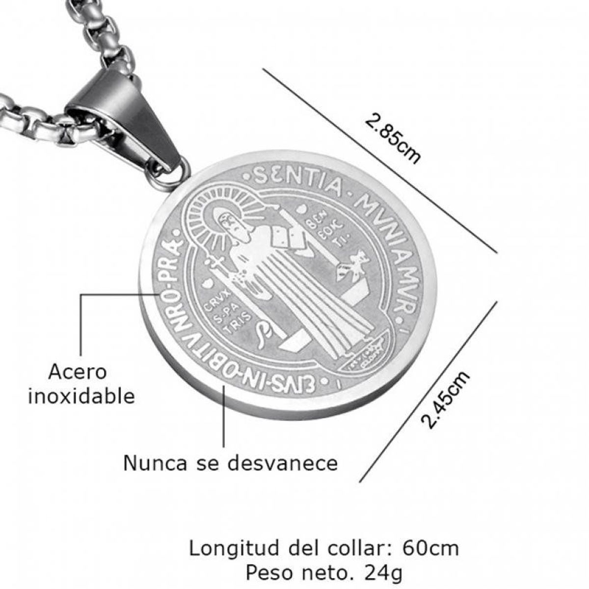 GENERICO - Collar medalla colgante de San Benito de acero inoxidable plateado
