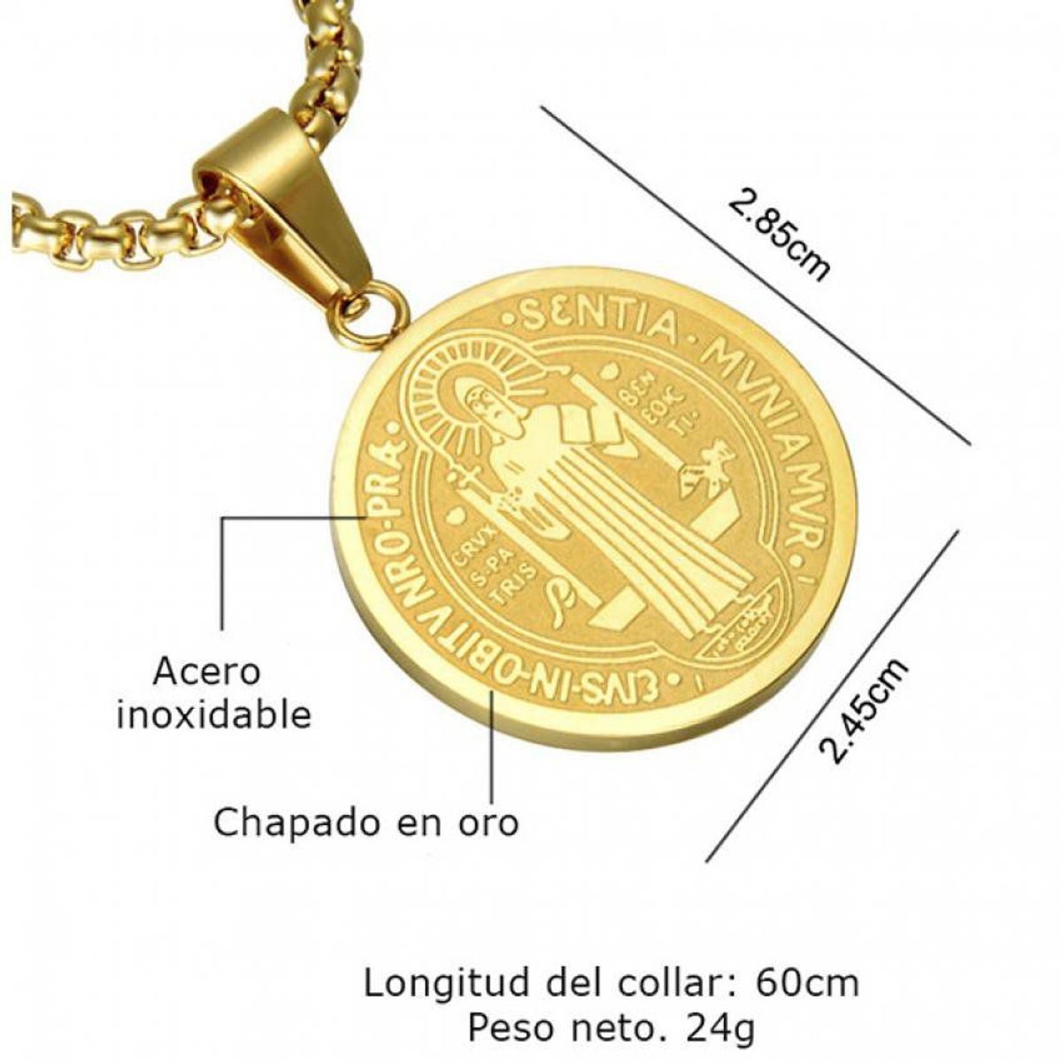GENERICO - Collar medalla colgante de San Benito de acero inoxidable dorado