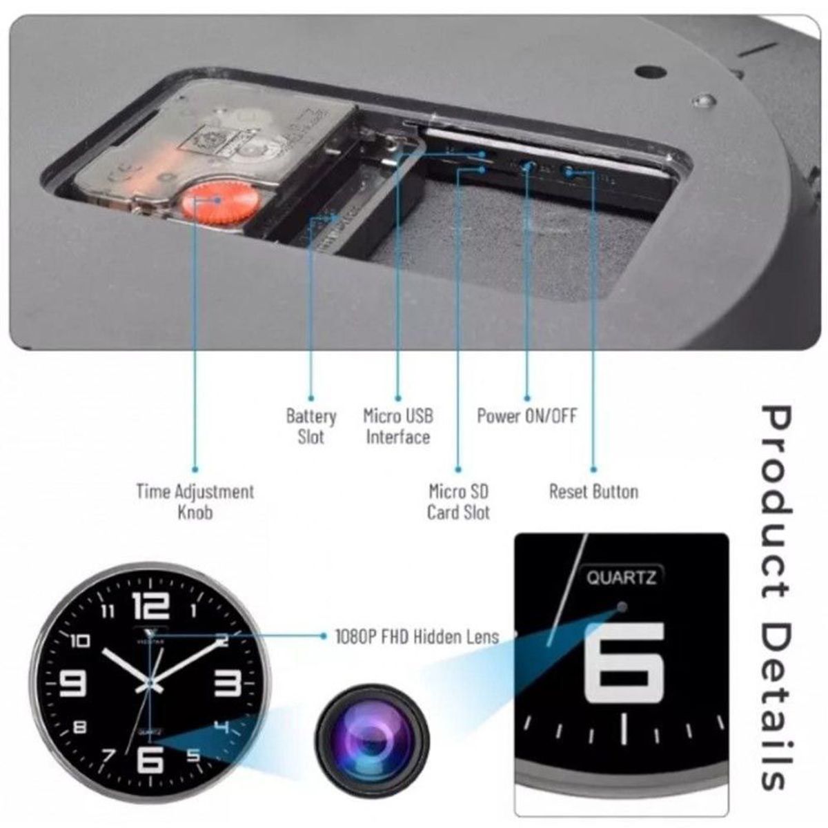 MN ELECTRONICS - Reloj De Pared Espía Wifi Fullhd 90 Grados Grande Para Microsd 64gb