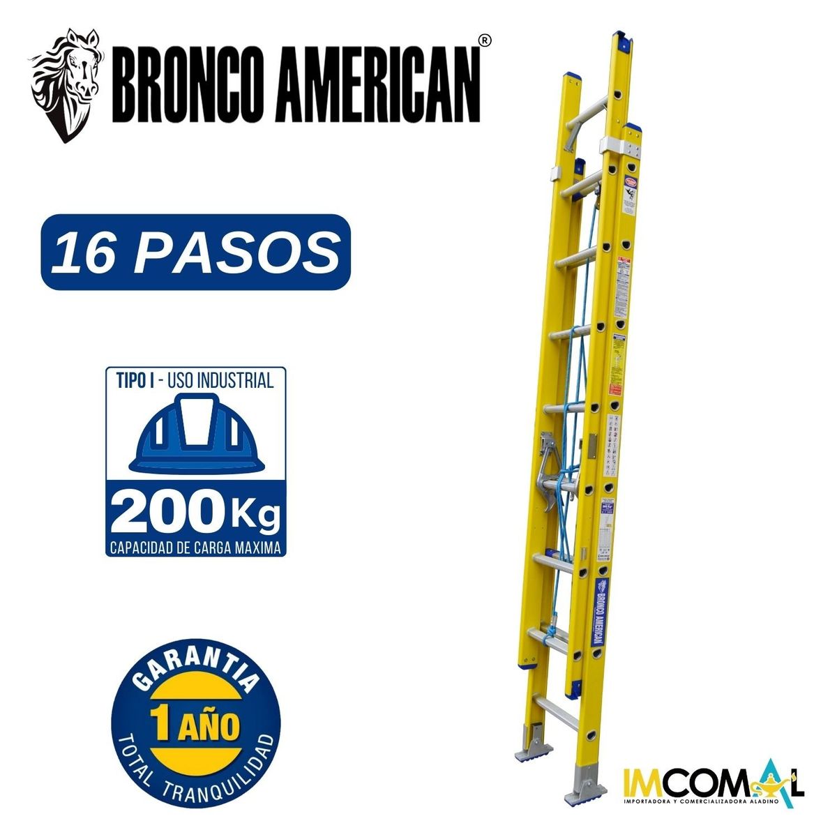 BRONCO AMERICAN - Escalera Fibra de Vidrio Telescópica de 16 Pasos.
