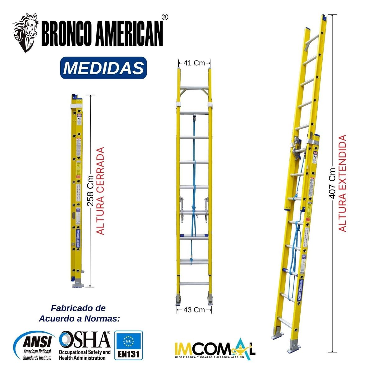 BRONCO AMERICAN - Escalera Fibra de Vidrio Telescópica de 16 Pasos.