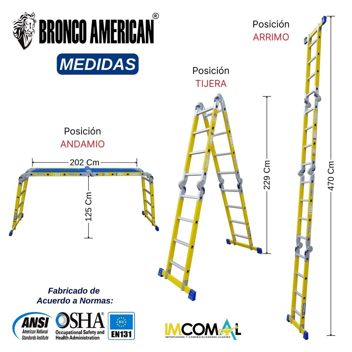 BRONCO AMERICAN - Escalera Fibra de Vidrio Multiposición de 16 Pasos 4x4.