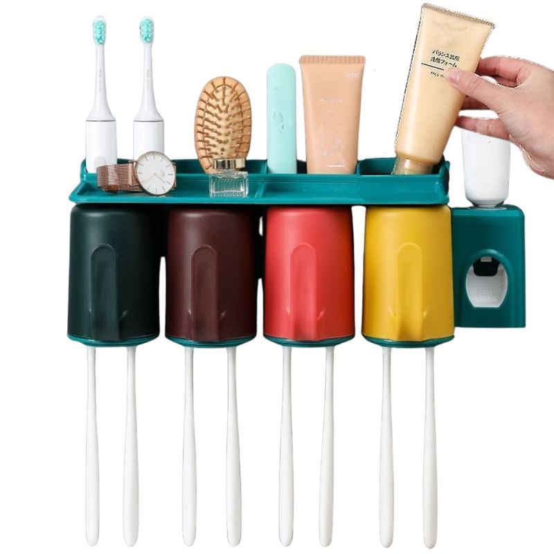 ELMEJORPRECIO - Organizador, Dispensador De Pasta Dental Portacepillos 4 Tazas Verde