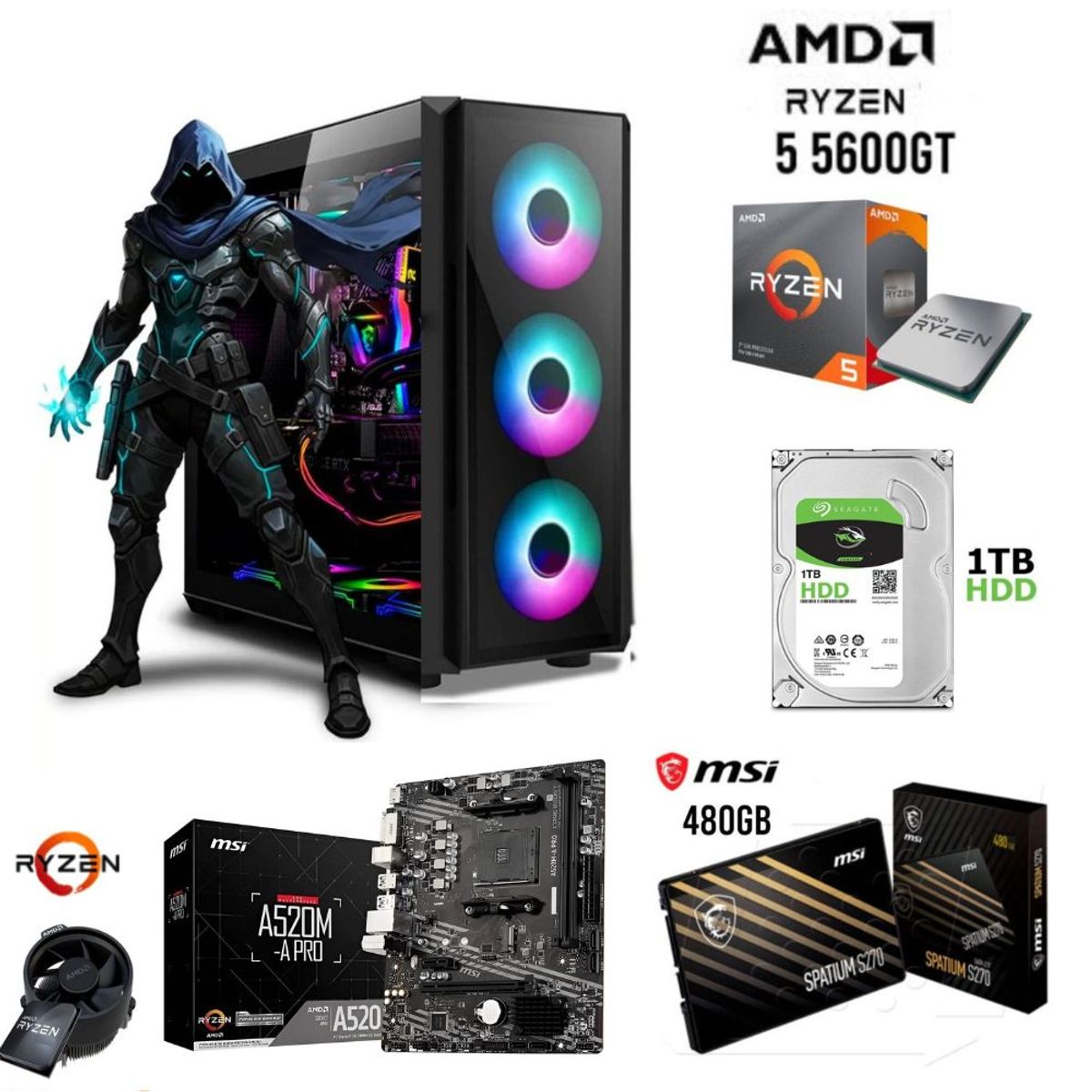 AMD CORP - COMPUTADORA PC GAMER RYZEN 5 5600GT 32Ghz Ram 16GB Disco 1TB+SSD 480GB CASE RGB
