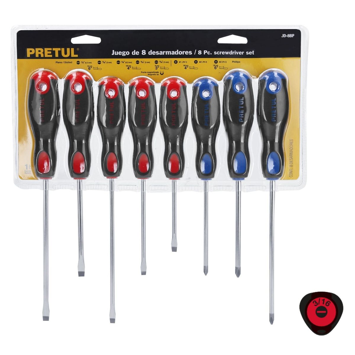 PRETUL - Juego Desarmadores, 8 Pz, Mango Comfort Grip, Pretul