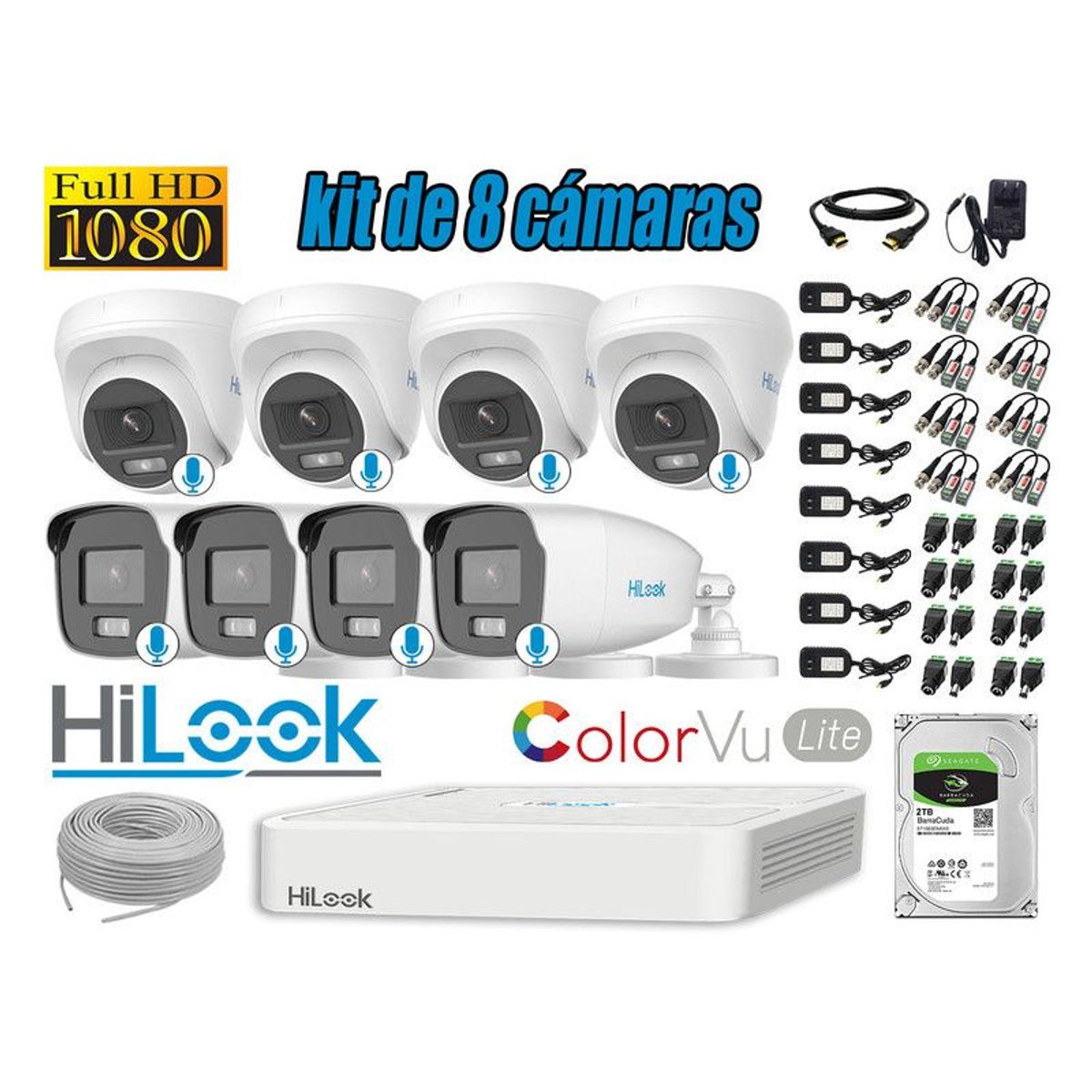 HILOOK - CÁMARAS SEGURIDAD KIT 8 FULL HD - COLORVU LITE NOCHE COLOR 2TB