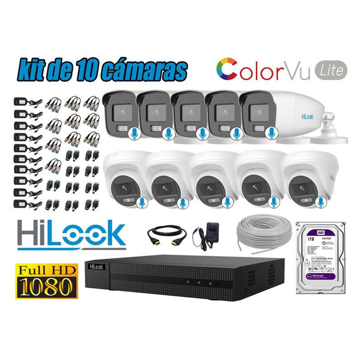HILOOK - CÁMARAS SEGURIDAD KIT 10 FULL HD - COLORVU LITE NOCHE COLOR 1TB