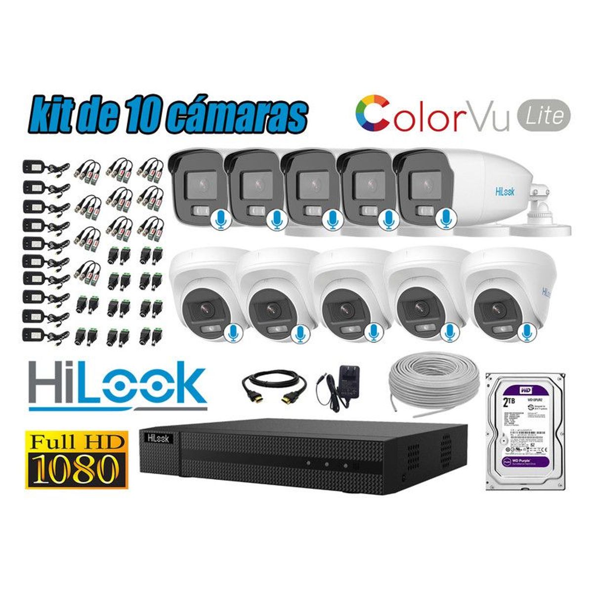 HILOOK - CÁMARAS SEGURIDAD KIT 10 FULL HD - COLORVU LITE NOCHE COLOR 2TB
