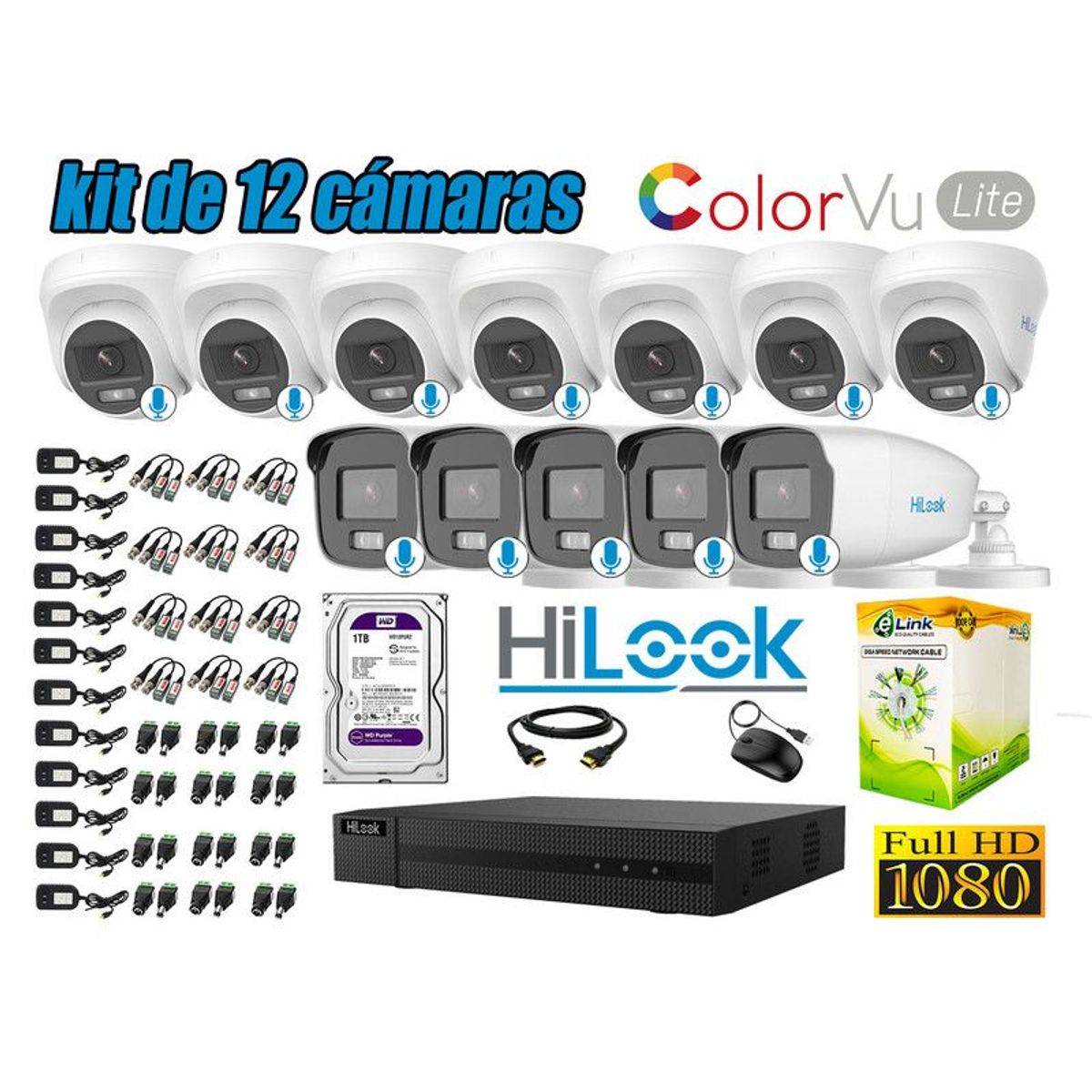 HILOOK - CÁMARAS SEGURIDAD KIT 12 FULL HD - COLORVU LITE NOCHE COLOR 1TB