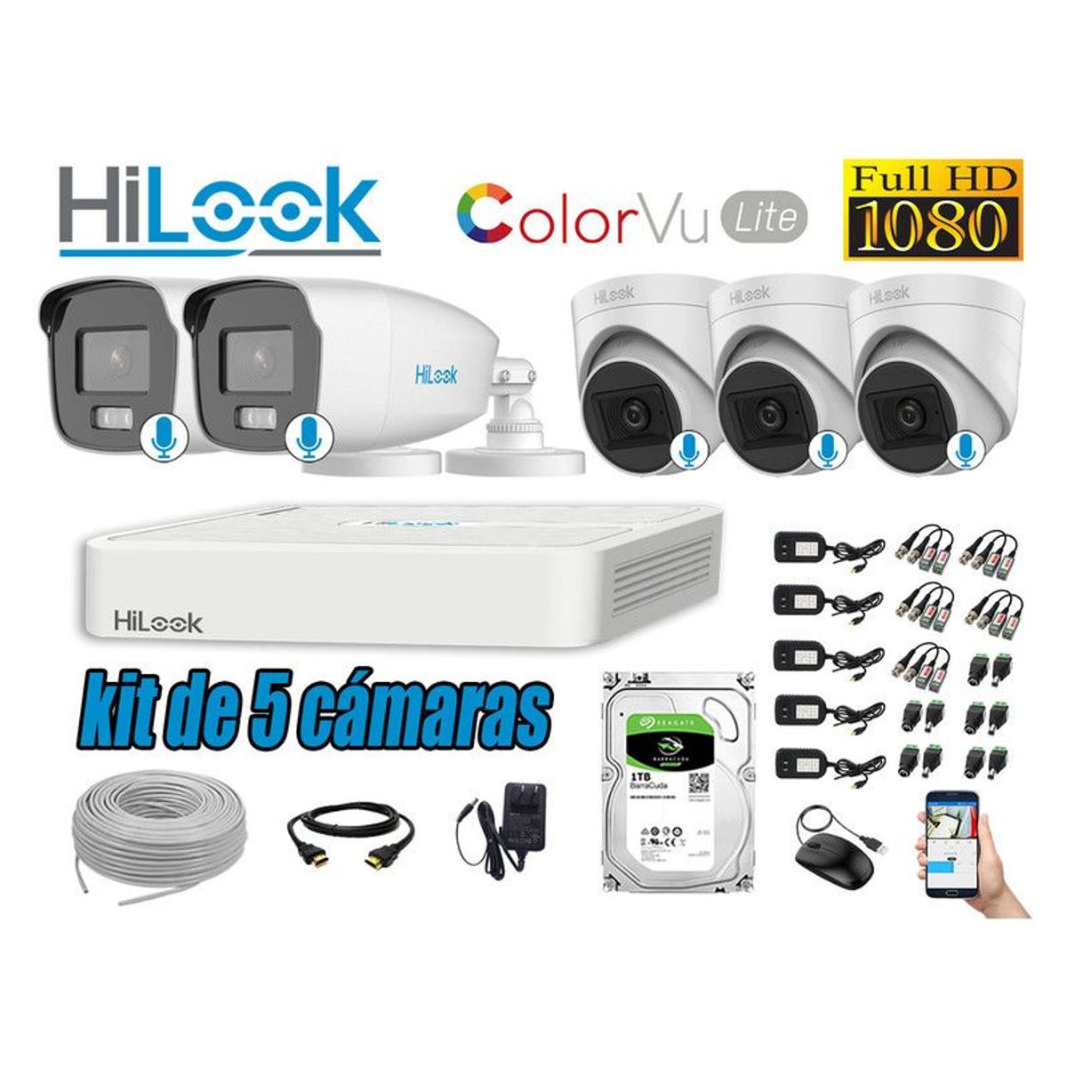 HILOOK - CÁMARAS SEGURIDAD KIT 5 FULL HD - COLORVU LITE NOCHE COLOR 1TB