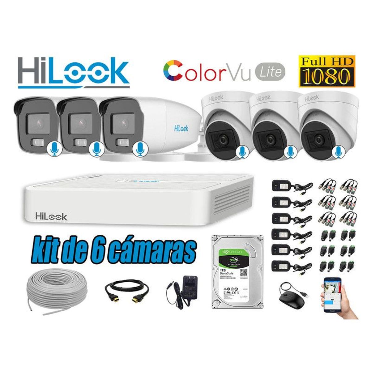 HILOOK - CÁMARAS SEGURIDAD KIT 6 FULL HD - COLORVU LITE NOCHE COLOR 1TB