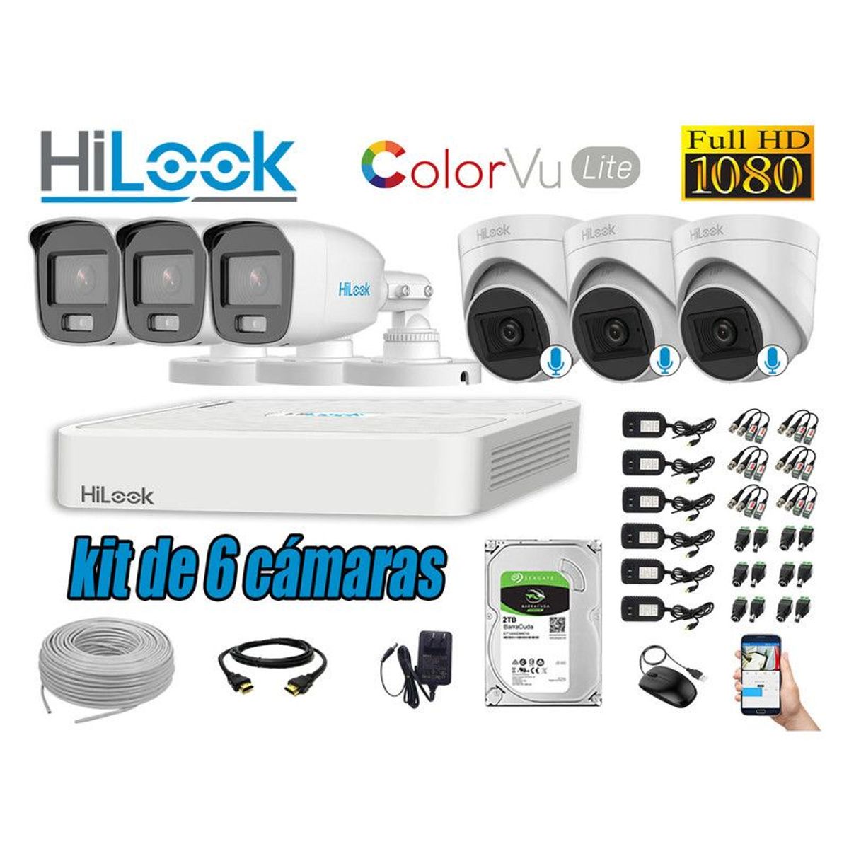 HILOOK - CÁMARAS SEGURIDAD KIT 6 FULL HD - COLORVU LITE NOCHE COLOR 2TB