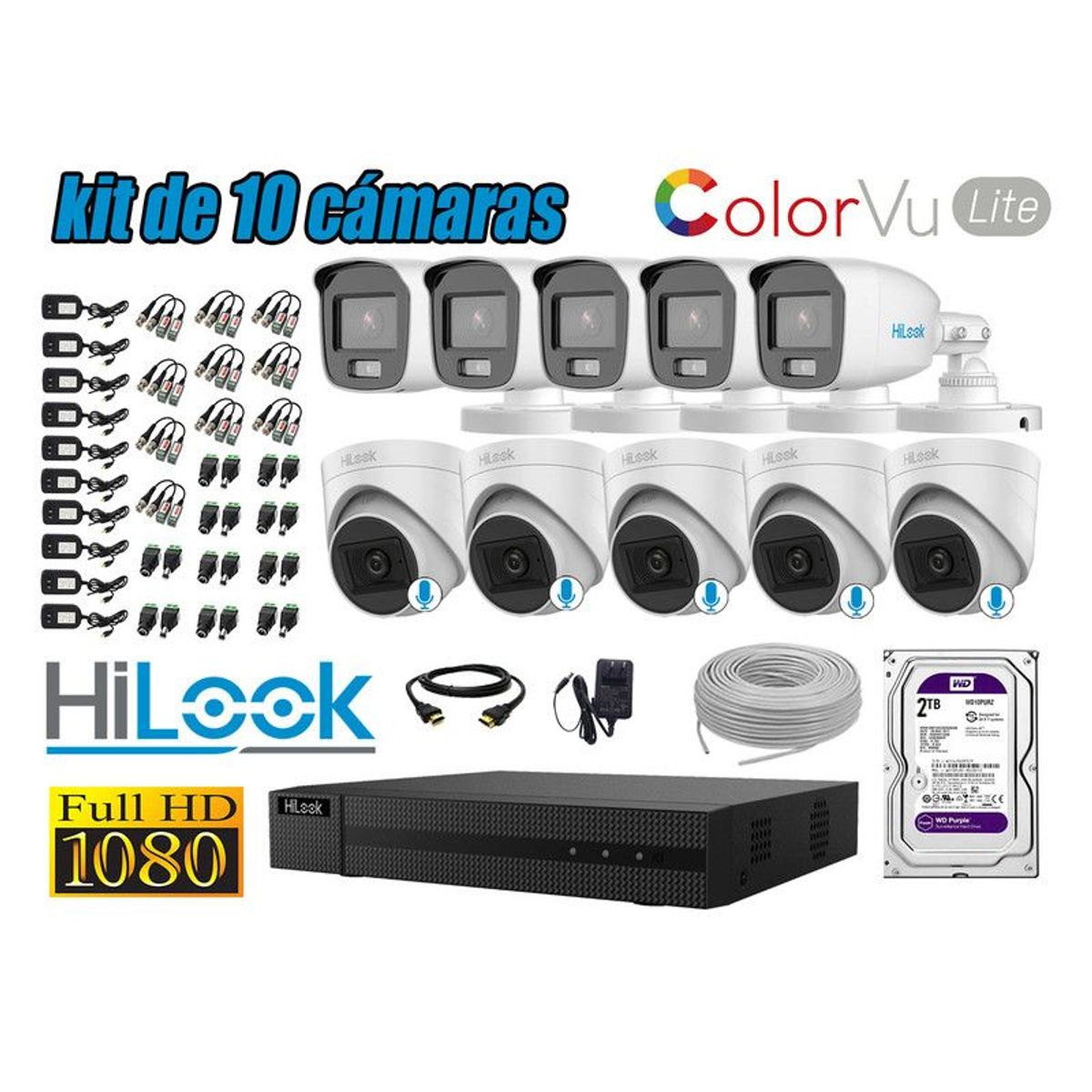 HILOOK - CÁMARAS SEGURIDAD KIT 10 FULL HD - COLORVU LITE NOCHE COLOR 2TB