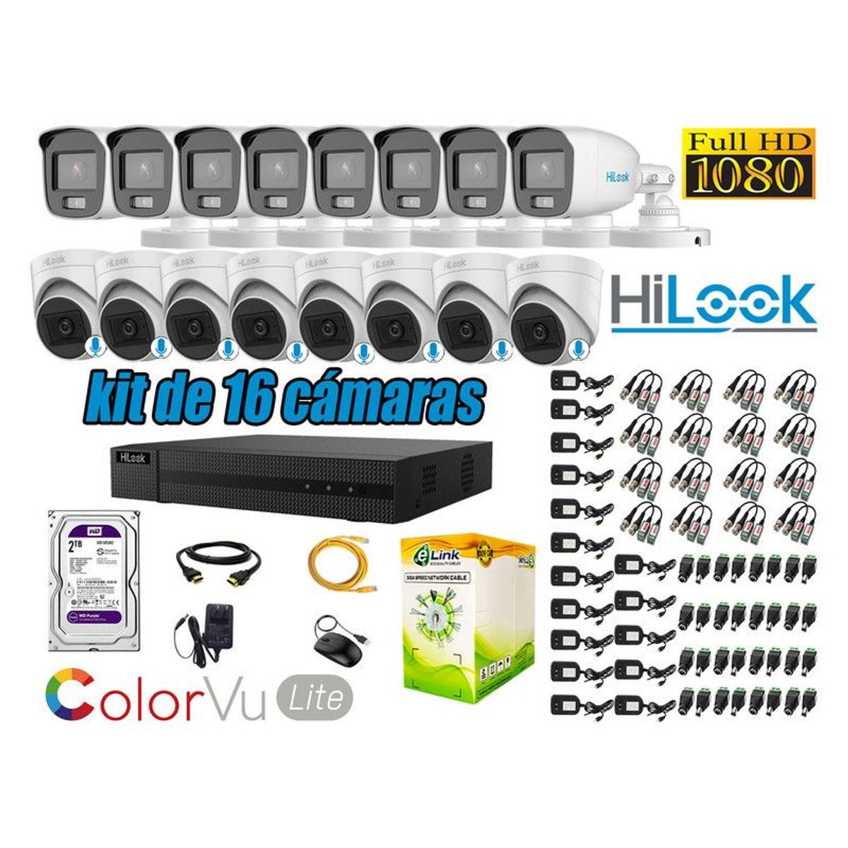 HILOOK - CÁMARAS SEGURIDAD KIT 16 FULL HD - COLORVU LITE NOCHE COLOR 2TB