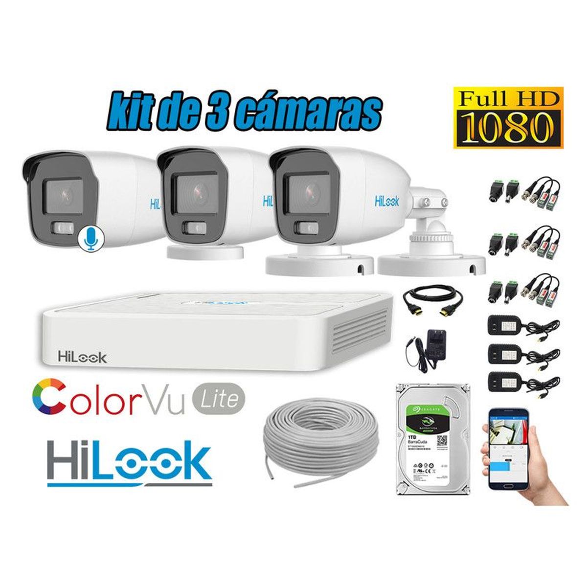 HILOOK - CÁMARAS SEGURIDAD EXTERIOR KIT 3 1080P COLORVU LITE NOCHE COLOR