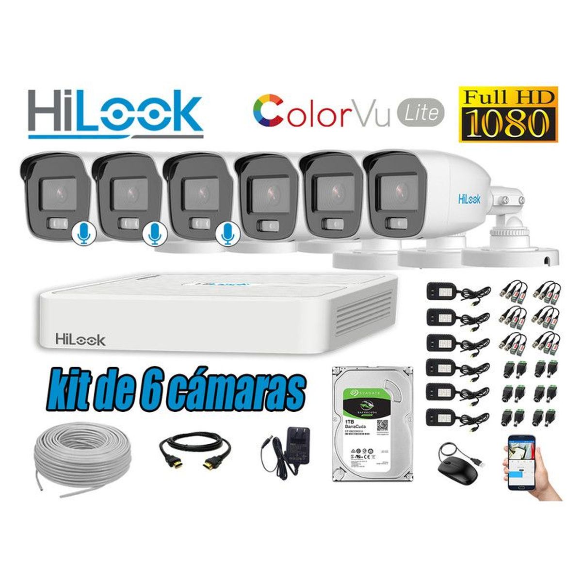 HILOOK - CÁMARAS SEGURIDAD EXTERIOR KIT 6 1080P COLORVU LITE NOCHE COLOR