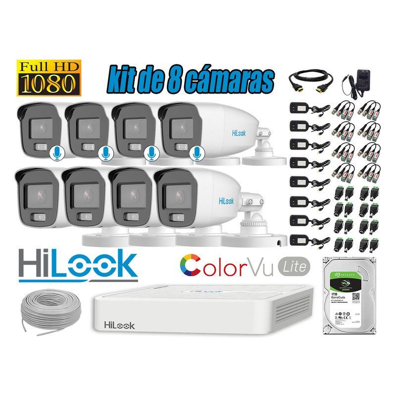 HILOOK - CÁMARAS SEGURIDAD EXTERIOR KIT 8 1080P COLORVU LITE NOCHE COLOR