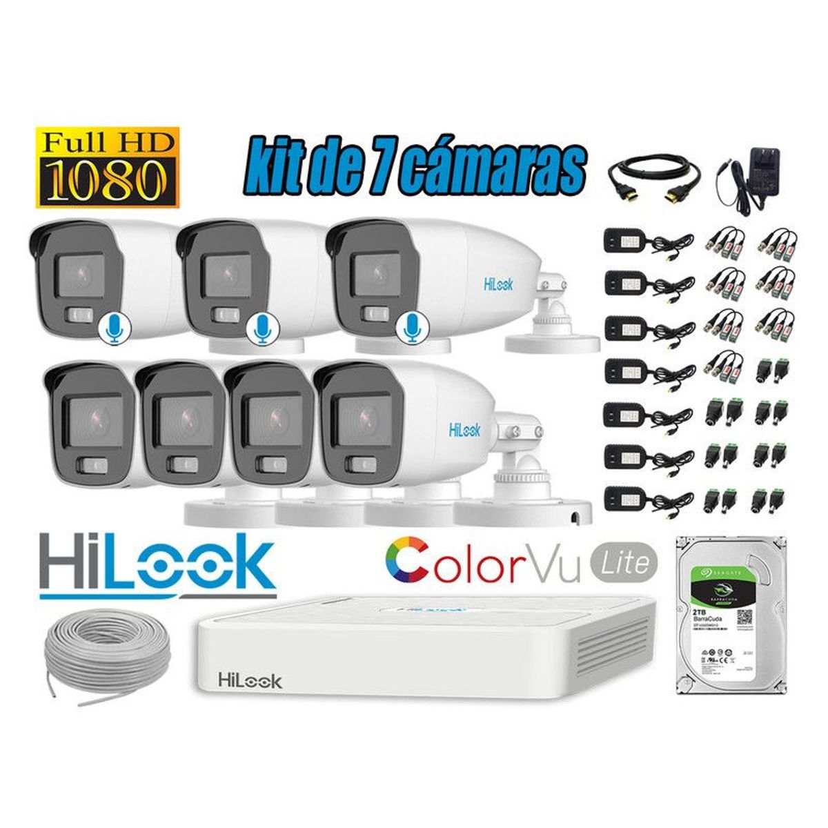 HILOOK - CÁMARAS SEGURIDAD EXTERIOR KIT 7 1080P COLORVU LITE NOCHE COLOR