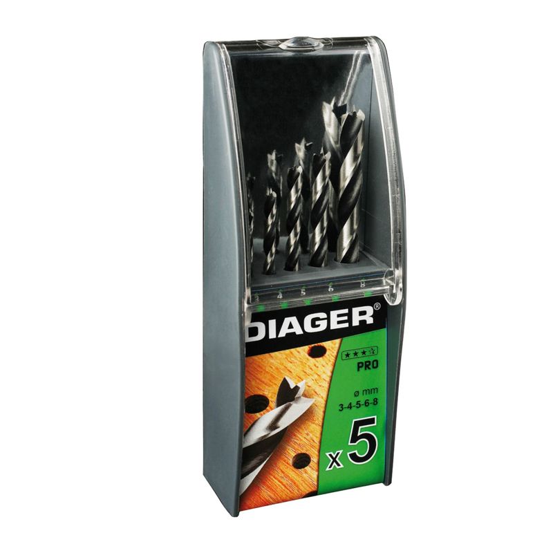 DIAGER - JUEGO DE BROCAS PARA MADERA 3 PUNTAS 3,4,5,8mm. x 5 PIEZAS  - DIA907B