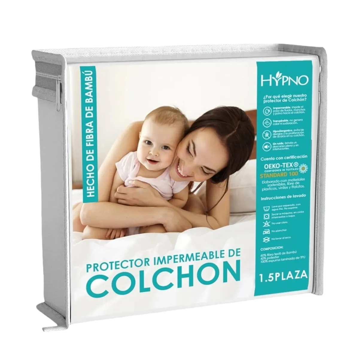 HYPNO HOME - Protector De Colchón Impermeable 1.5 Plz Amoldable de Bambú - Blanco.