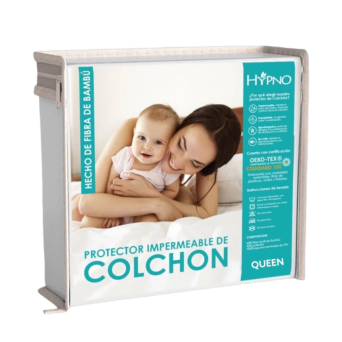 HYPNO HOME - Protector De Colchón Impermeable Queen Amoldable de Bambú - Blanco