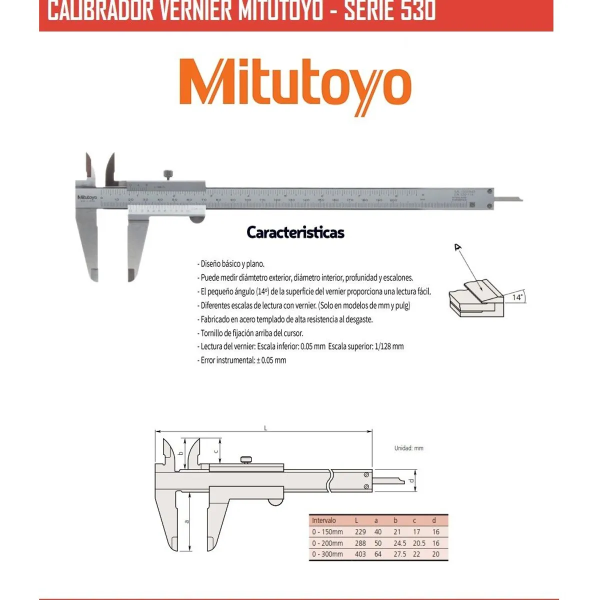 GENERICO - Calibrador Vernier de 12 - 300mm Mitutoyo 530-115