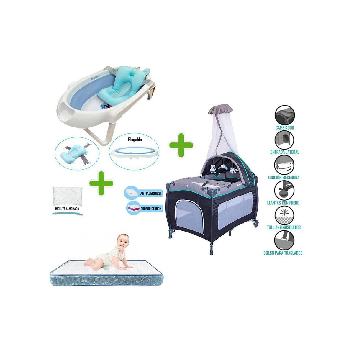 EBABY - Cuna corral sally 716 + colchón de 4"+ bañera