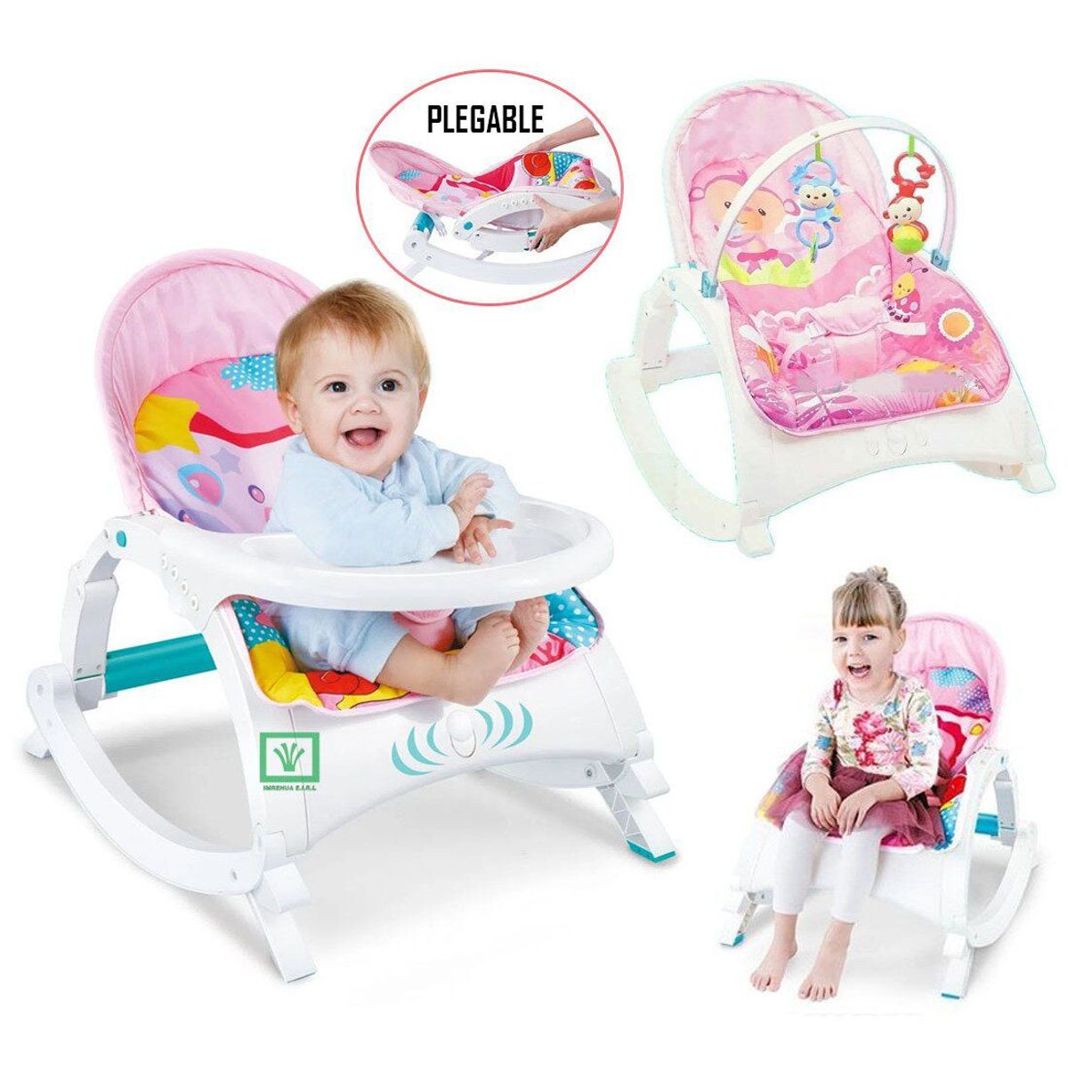 IDEAL - Silla de Comer Mecedora 3 en 1 con Vibrador Music Rosado