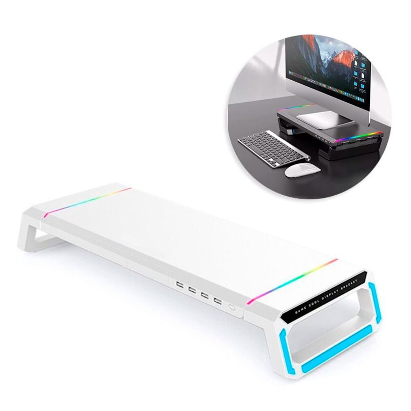 KREED - Soporte Mesa para Monitor RGB LED Plegable 4 Puertos USB - Blanco
