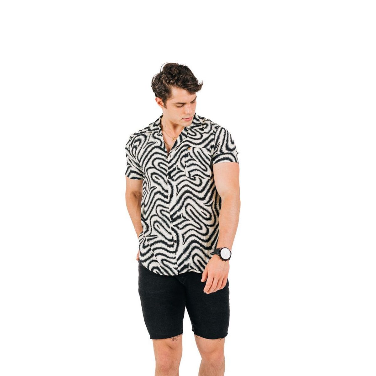 TROPIKL - Camisa Hawaiana Cream Zebra Print Slim Fit Hombre