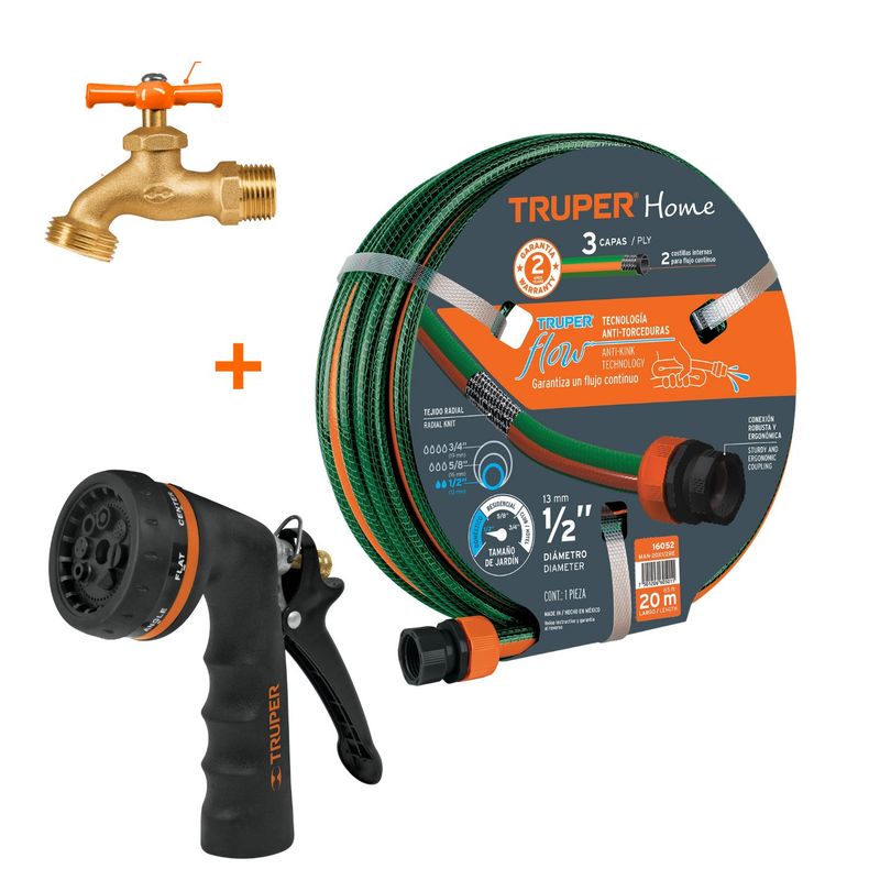 TRUPER - Combo manguera de riego 20m  pistola de riego y caño jardin Truper