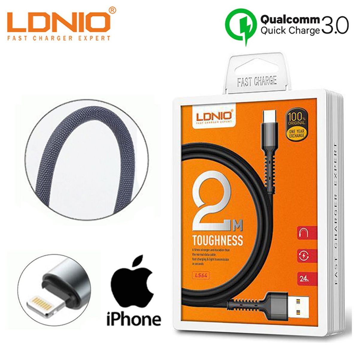 LDNIO - Cable Usb iPhone Anti Quebraduras De 2 Metros