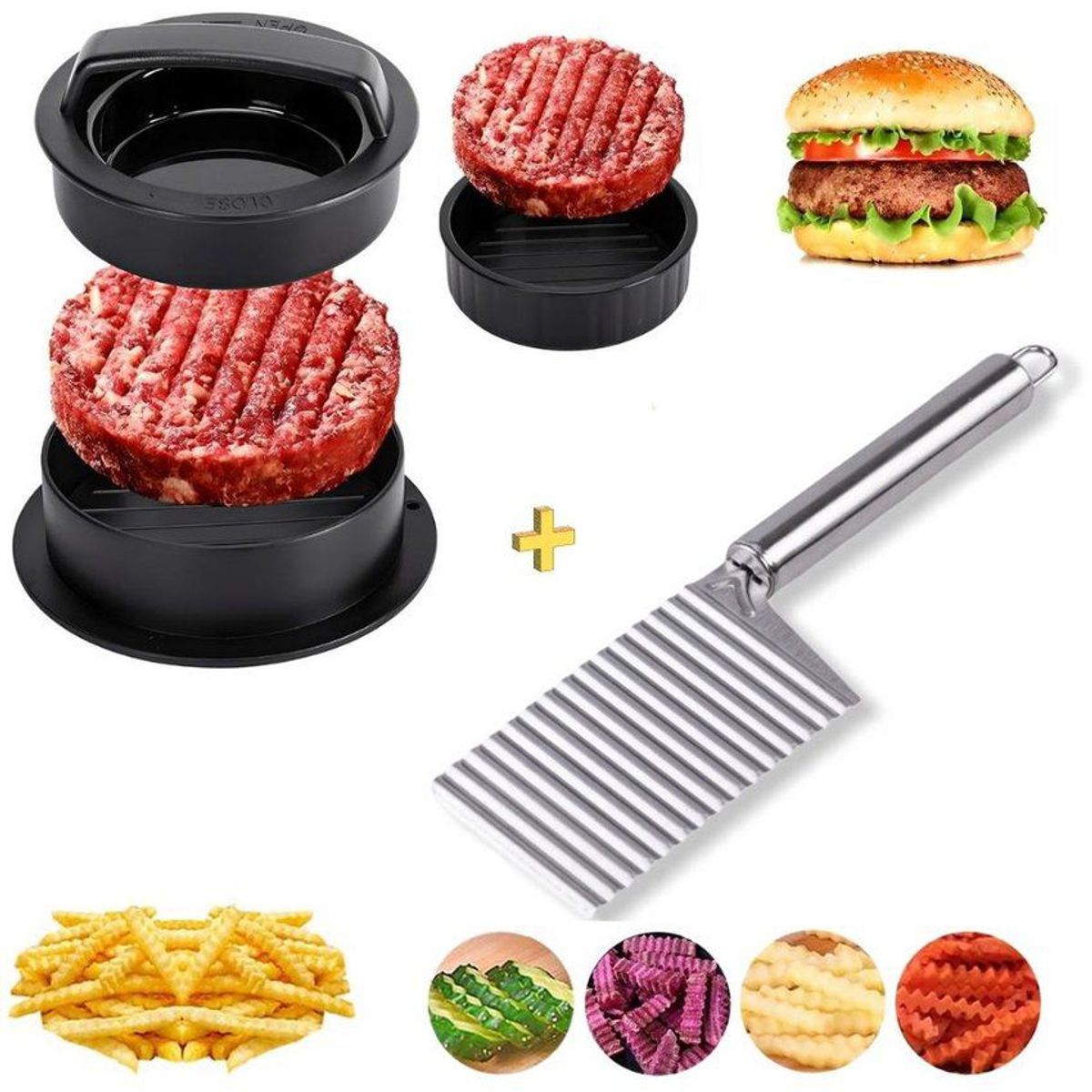GENERICO - Molde de hamburguesas 3 en 1 + cuchillo ondulador para papas fritas
