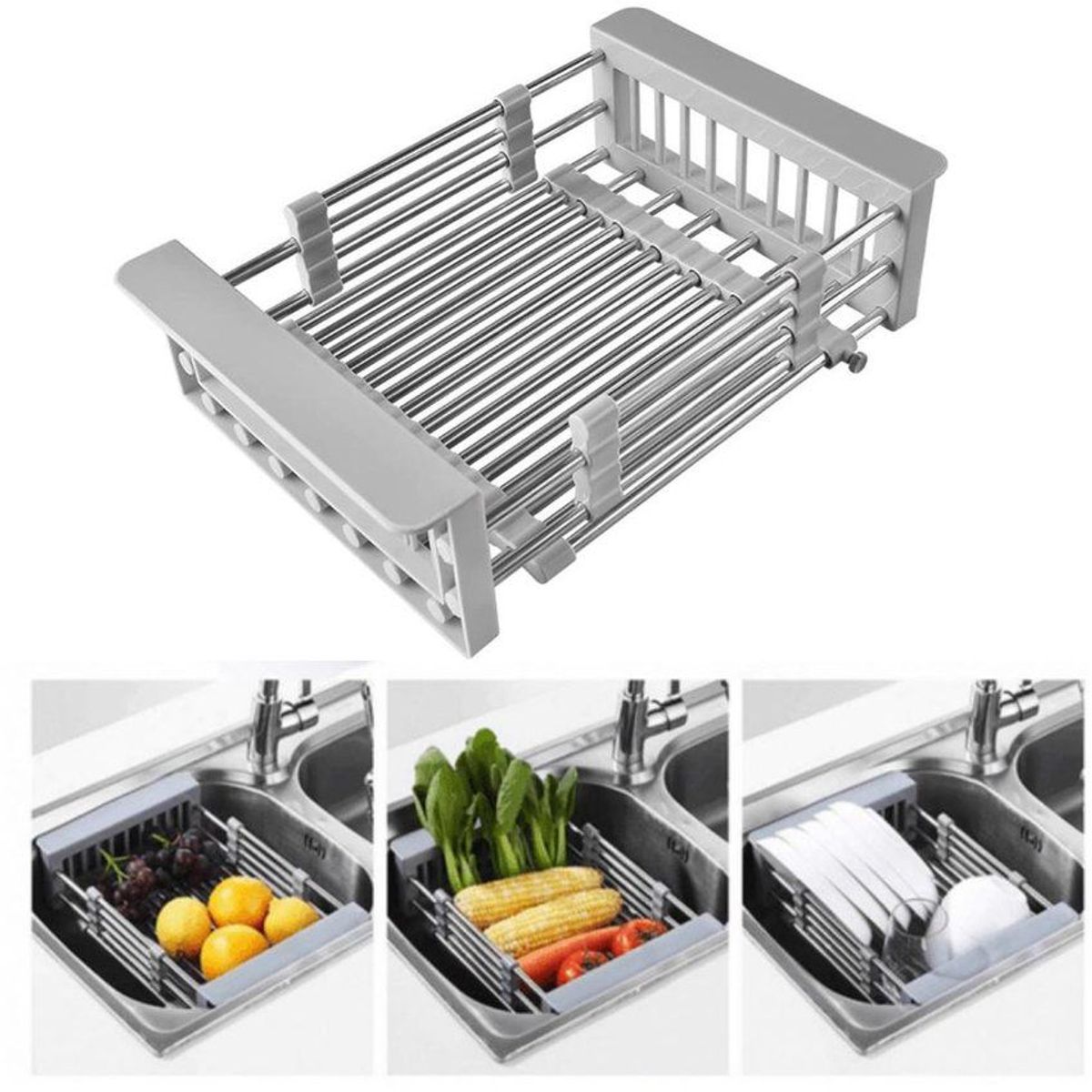 GENERICO - Escurridor retráctil extensible de acero inoxidable para frutas y verduras