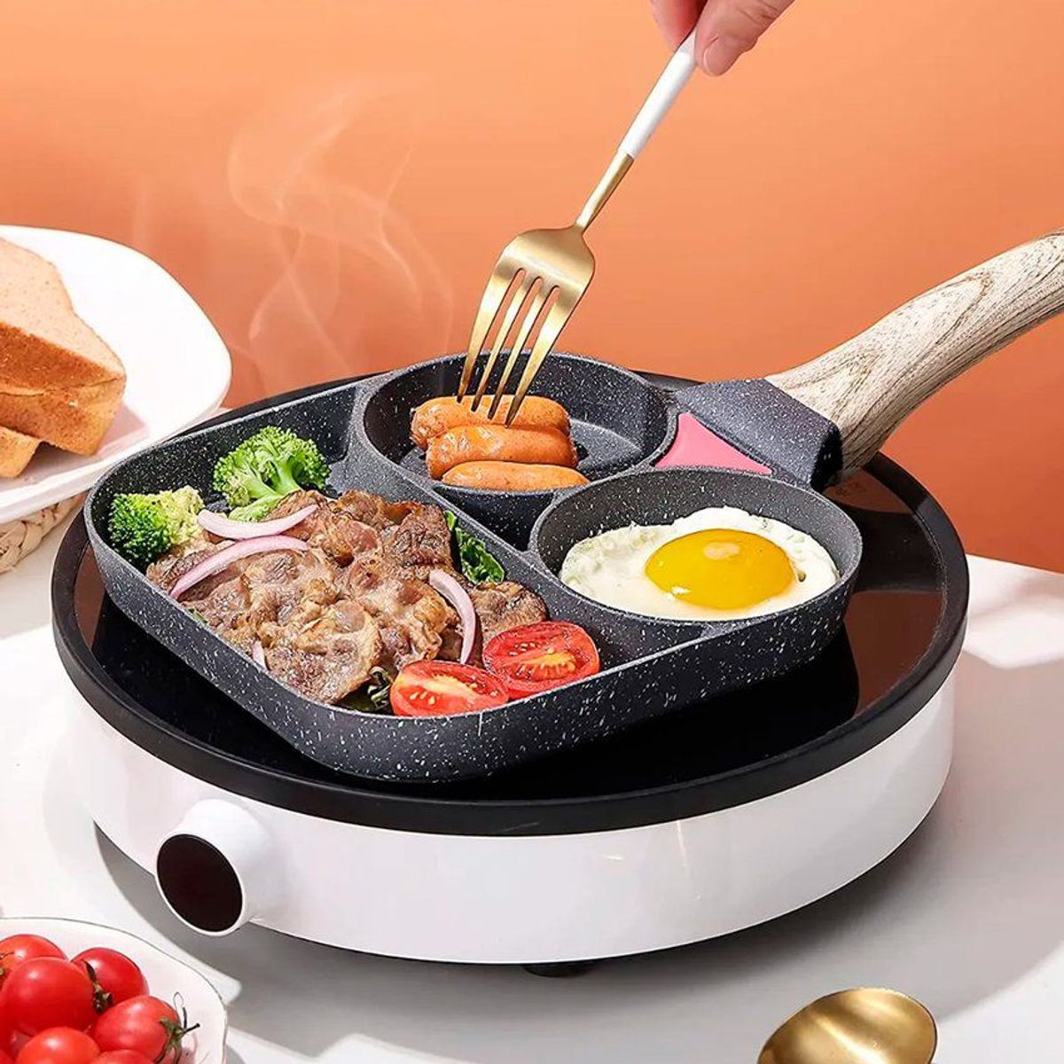 GENERICO - Sartén antiadherente premium de 3 compartimientos mango de madera