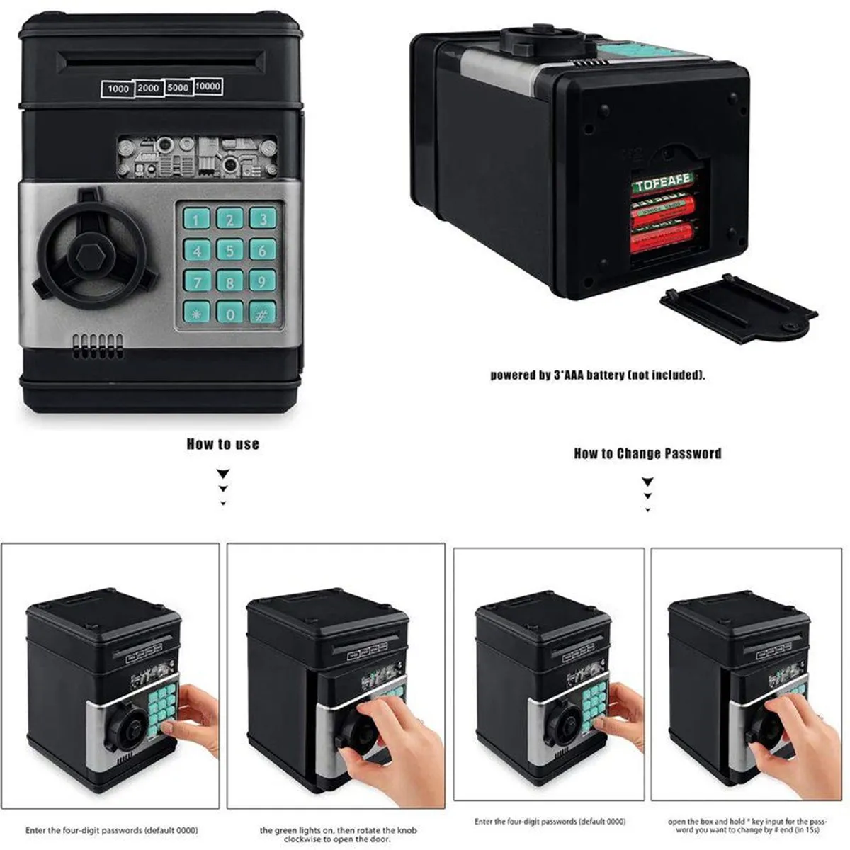 GENERICO - Alcancía caja fuerte electrónica  monedas y billetes - negro